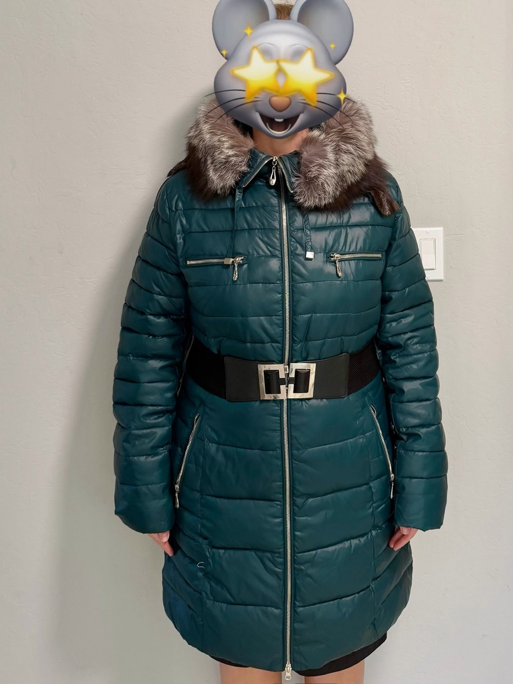 COVILY Teal Puffer Coat with Real Fur Trim & Belt – Fits US M 8–10